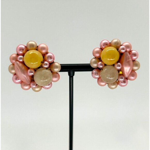 Japan Faux Pearls Necklace Earrings Pink Acrylic 4 Strands Clip-On Statement - Picture 14 of 16